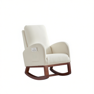 Fauteuil à bascule en flanelle beige à dossier haut avec pieds marron, fauteuil de salon avec poche latérale - Product Image 1