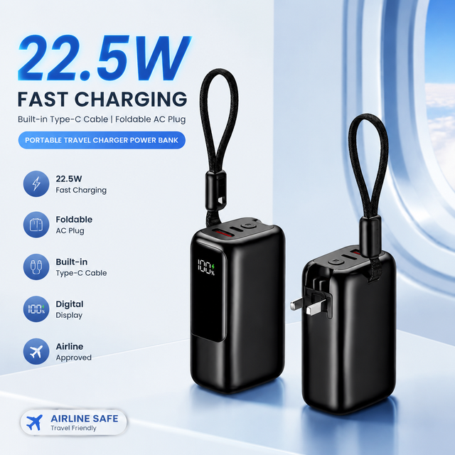 22.5W 10000 Mah Built-in Cable Digital Display Car Grade Battery Portable Travel Charger Air Allow Power Bank Pour Téléphone
