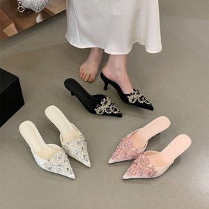 Elegant Lace <b>Kitten</b> <b>Heel</b> <b>Mules</b> Women Crystal Beaded Pointed Toe Sandals Breathable Mesh Wedding Party <b>Heels</b> - Product Image 1