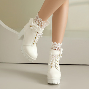 <b>White</b> Ankle Boots Lace-Up Chunky <b>Heel</b> Round Toe Bow Decoration PU All Seasons Style Drop Shipping - Product Image 3