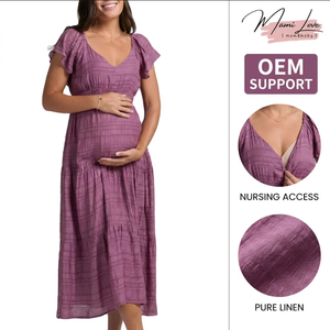 Robe de maternité midi 100% lin personnalisée, col en V, <span class=keywords><strong>pour</strong></span> la <span class=keywords><strong>grossesse</strong></span> et l'allaitement, service OEM - Product Image 1