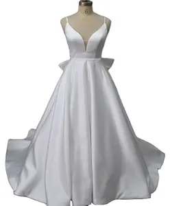 Bester Preis Bogen V-Ausschnitt Brautkleid Elfenbein rücken freies Ballkleid für Hochzeit