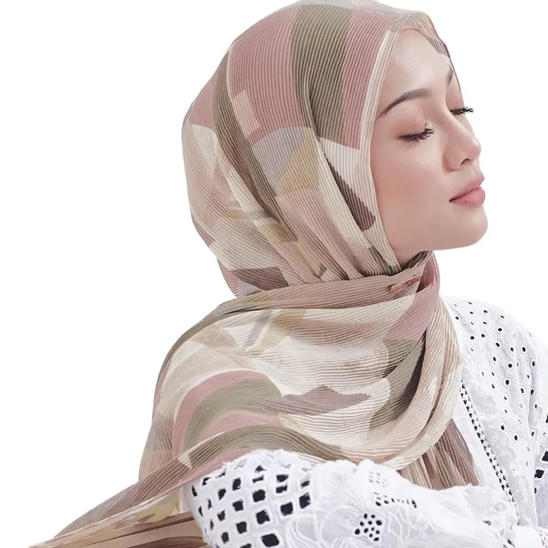 P.Healthy 2022 Newest Printed Pleated Chiffon Scarf Fashion Wrinkle Hijab for Female Winter Shawls