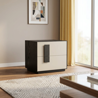 Table de chevet moderne en MDF E0 avec plateau en bois, 2 tiroirs, poignées verticales, style minimaliste et écologique, pour chambre à coucher et mobilier de maison