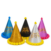 Chapeau d'anniversaire conique créatif pour enfants, fait main, durable, avec pompons, en papier estampé or, coloré, vente en gros