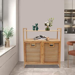 Phòng tắm công suất lớn gấp tre giặt giỏ <span class=keywords><strong>x</strong></span>ách tay bẩn quần áo lưu trữ cản trở với kệ và 2 túi - Product Image 1