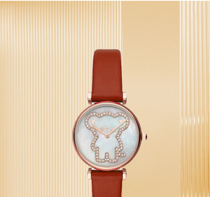 Reloj de cuarzo redondo de oro rosa para mujer, correa de cuero roja, esfera analógica, diseño de oso de dibujos animados con diamantes de imitación, 30 mm - Product Image 5