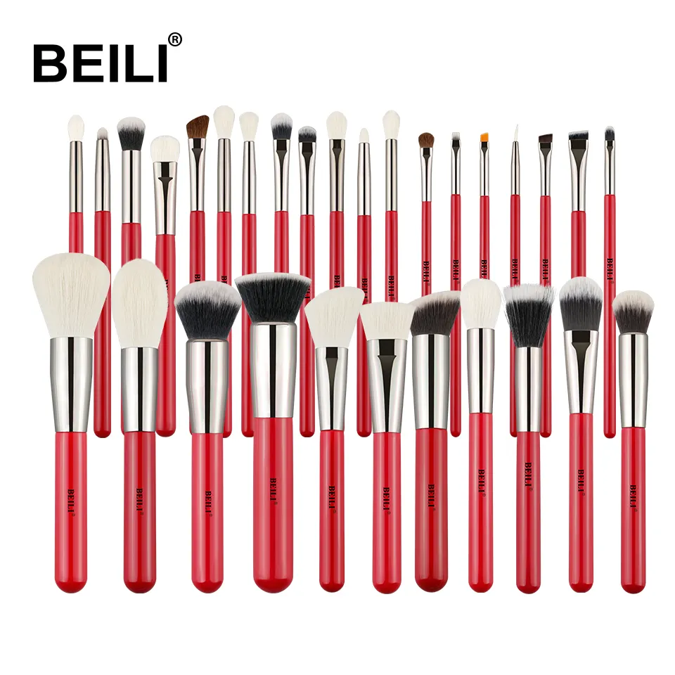 BEILI oem custom Red Silver Professional 30pcs natural hair foundation powder eye brow custom logo Makeup Brushes set Tools kit