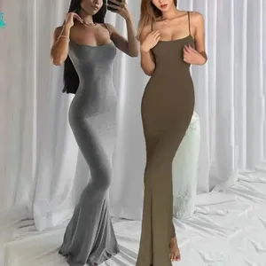 2023 새로운 여름 Y2K 의류 비치 sundress 여성 골지 bodycon 니트 코튼 캐주얼 긴 맥시 슬립 스키즈 드레스