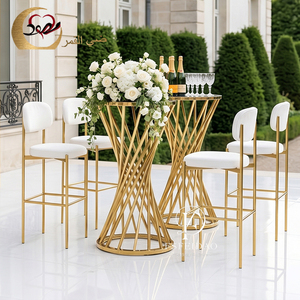 Modern Rose Gold Stainless Steel Marble Top Cocktail Station Restaurant High <b>Bar</b> <b>Tables</b> and Chairs for Hotel Use - Product Image 3