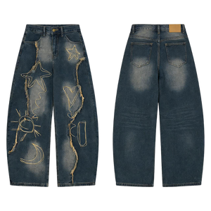 Jean ample en denim délavé foncé pour homme, imprimé étoiles, lune et soleil, style streetwear respirant et lavable - Product Image 1