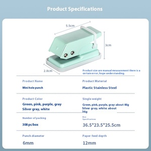 <span class=keywords><strong>Mini</strong></span> perforatrice manuelle ronde à un trou pour étudiants, en plastique et métal, pour feuilles mobiles, avec manuel - Product Image 2