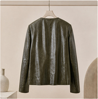 Veste en cuir d'agneau à col rond et boutons pression pour femme, manteau en cuir véritable à taille élastiquée