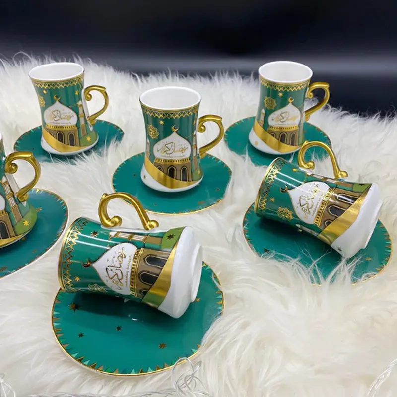 Ramadan Ceramic Tea set Ramadan 6 cups & 6 saucers with Ramadan kareem word in Arabic