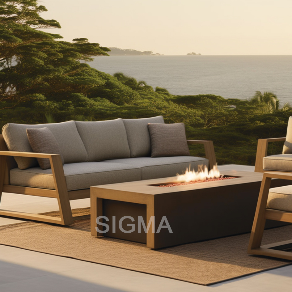 Luxury outdoor furniture table chair sofa set teak base waterproof fabric garden outdoor teak furniture