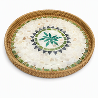 Plateau en mosaïque de coquillages en rotin fait main, décor en nacre motif tournesol, plateau de service pour fruits, vente en gros OEM, plateau de service en mosaïque