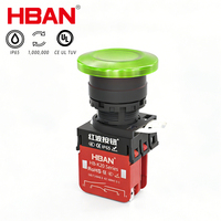 Interruptores de botón pulsador LED impermeables HBAN de fábrica con certificación UL, tipo hongo, 1NO1NC, 22mm, 12V, IP65 para estaciones de carga