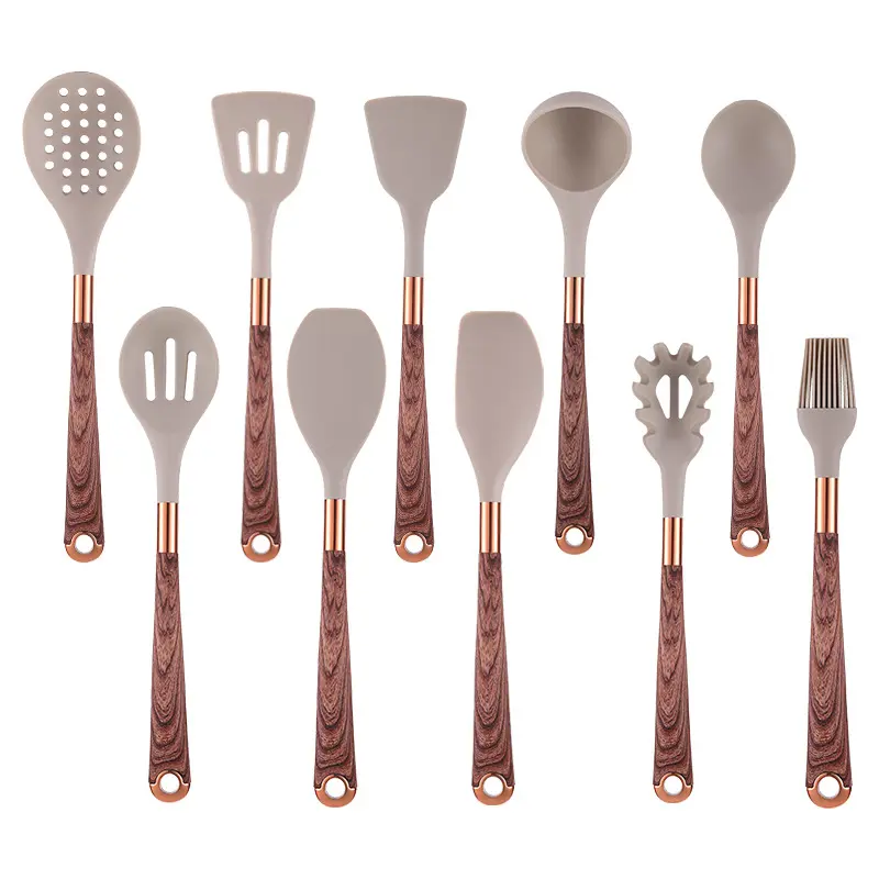 Wooden Design 11 Packs With Holder Food Grade Silicone Gadgets Cooking Kitchen Utensils Set