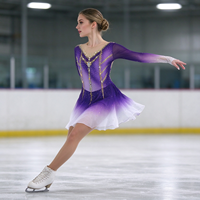 Robe de patinage et de danse pour enfants et adultes, dégradé violet et blanc, manches longues en maille, dos découpé avec strass, pour compétition et spectacle de patinage sur glace