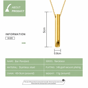 Collar con Colgante de Barra Cilíndrica de Acero Inoxidable en Colores Dorado, Plateado y Negro, Ajustable de 45+5 cm, Chapado en Oro de 14K - Product Image 2