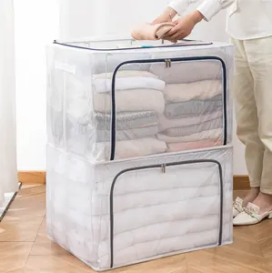 66L Stackable Waterproof Transparent Nylon PVC Collapsible Foldable Steel Frame Clothes Storage Organizer With Cover
