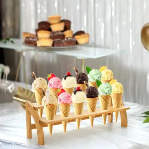 Bambu 2 Camadas Ice Cream Cone Titular Durável Acácia De Madeira Waffle Cone Display Holder Sushi Hand Roll Pipoca Suporte Temaki