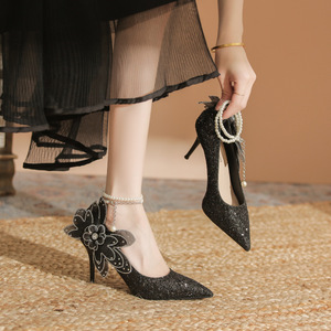 Zapatos de Novia con Tacón de Aguja, Punta en Pico, Altura de 5cm-8cm, Correa en el Tobillo, Decoración Floral, Forro de Satén, Tendencia de Moda - Product Image 4
