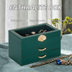 Boîte à bijoux en cuir PU vert foncé avec couvercle en verre et 2 tiroirs, grand organiseur en velours pour bagues, boucles d'oreilles, colliers, boîte cadeau pour femmes - Product Image 2