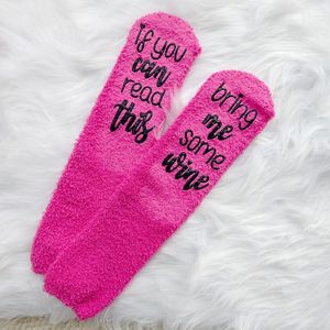 Invierno grueso cálido esponjoso Coral terciopelo dormir calcetines borrosos si puedes leer esto <span class=keywords><strong>tráeme</strong></span> algunos calcetines acogedores de mujer de vino - Product Image 2