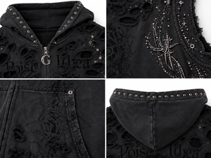 Gilet con Cappuccio Senza Maniche OEM/ODM per Uomo, Logo Personalizzato, Stile Gotico Punk Streetwear, Stampa con Strass, Nero Lavato - Product Image 3