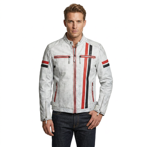 Chaqueta de Cuero Genuino Blanca para Hombre con Rayas Rojas y Negras, Estilo Motero, de Piel de Vacuno, con Efecto Desgastado, Estilo Cafe Racer, Personalizada, Cálida para Invierno - Product Image 1