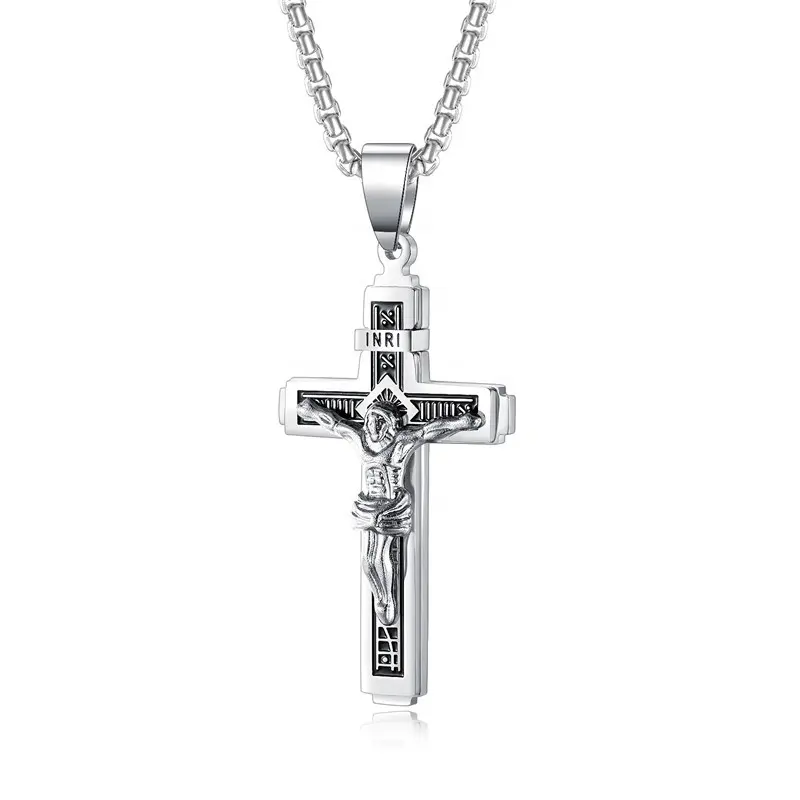 retro handmade thread hip hop square stereoscopic stainless steel hollow necklace with cross pendant