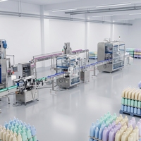 Ligne complète automatique à piston linéaire pour le capsulage, l'étiquetage et l'emballage sous film rétractable de liquides visqueux (huiles, détergents) pour canettes et boissons en plastique