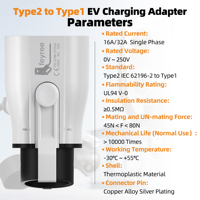 Adaptateur Feyree Type 2 vers Type 1, 32A 16A 7kW Courant de charge max., Convertisseur de prise de chargeur AC EV Type 2 vers prise de voiture EV Type 1