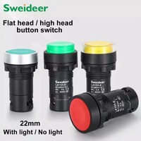 Interrupteur à bouton-poussoir LED 22 mm, momentané, à réinitialisation automatique, à verrouillage, interrupteur d'alimentation à tête plate haute, avec voyant lumineux, 24 V, 220 V, 1NO, 1NC, 2NO, rouge