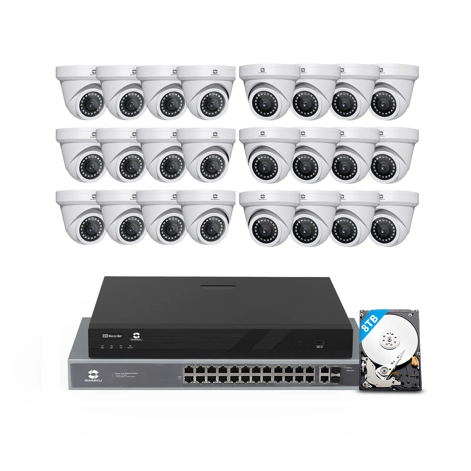 GWSECU 32 ערוץ 4K 8MP NVR PoE אבטחת מצלמה מערכת 8TB כונן קשיח, 24 Pcs חיצוני 5MP PoE IP מצלמות, 32CH עסקים CCTV ערכות