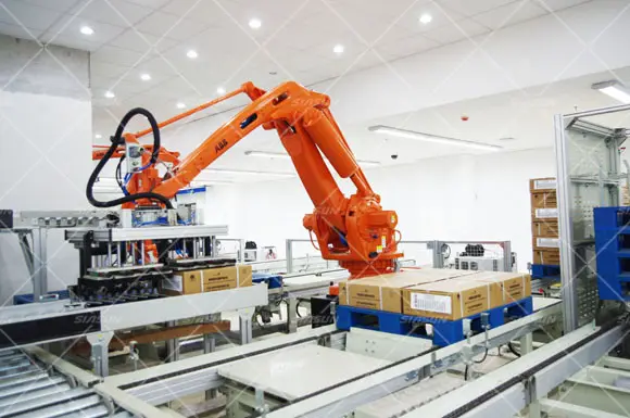Robot pemberi makan lengan mekanik industri Palletizer karton jalur otomatis
