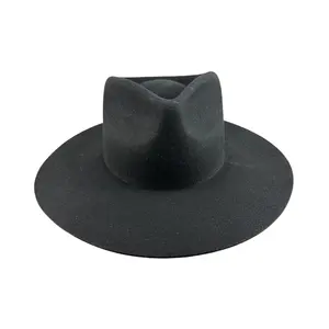 Cappello fedora unisex all'ingrosso a tesa larga 100% in lana australiana cappello fedora nero con cordino regolabile