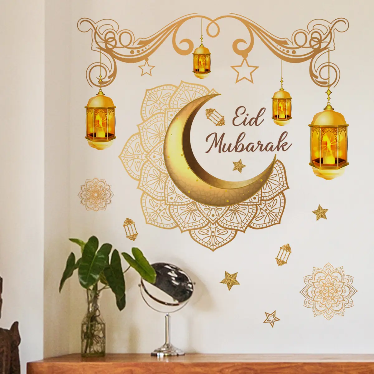 للبيع بالجملة فانوس قمر قابل للإزالة مخصص من كلوريد البولي فينيل ، جدار منزل رمضان إسلامي للعيد مبارك