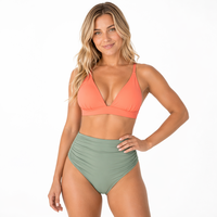 Custom High Waist Kleurblok Bikiniset Dames Gerimpeld Buikverstevigend Zwempak Koraal Oranje Saliegroen Strandkleding