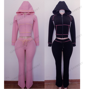 Completo Due Pezzi <span class=keywords><strong>da</strong></span> <span class=keywords><strong>Donna</strong></span> con Logo Personalizzato, Tuta Estiva con Giacca Felpa Corta con Cappuccio e Zip e Pantaloni - Product Image 3