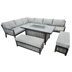 YASN Luxus Rattan Outdoor-Möbel-Set sektional Ecksofa Gartemöbel Sofa-Set mit Feuerstelle Outdoor-Ess-Set