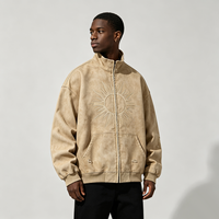 Jaket Vintage Beige Distressed dengan Ritsleting, Bordir Matahari Tone On Tone, Detail Rusak, Ukuran Oversized, Outerwear Gaya Jalanan