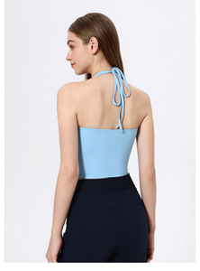 Women Tie Halter U Neck Open <b>Back</b> Tank <b>Top</b> Built In Padded Slim Stretch Sleeveless Yoga Crop <b>Top</b> <b>Low</b> Impact Pilates Workout Vest - Product Image 2