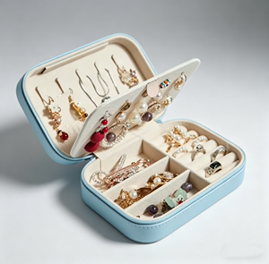 Portable Jewelry Organizer <b>Box</b> with Dual Layer Storage for <b>Earrings</b> Rings and Bracelets Light Blue Rectangle Design Travel bag - Product Image 1