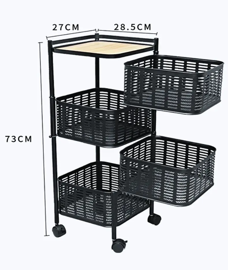 Kitchen 4 layers Rotating Storage Metal Pantry Baskets with Wheels and wooden top Multi-function tiers iron retangular basket