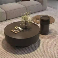 Ensemble de table basse ronde en bois moderne MULIGNA avec plateau en marbre et verre pour salon, design multifonctionnel avec tiroirs extensibles