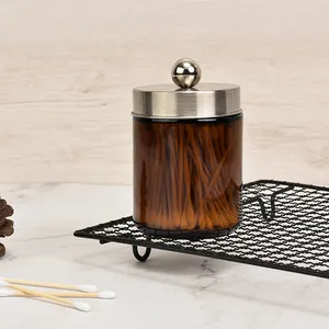 8oz Desktop Cosmetic Cotton Ball Brown Glass Storage Jar Cotton Swab Box with Silver Brushed Stainless Steel Lid