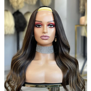 Perruques V-Part en cheveux humains 100% naturels, brun avec mèches, pour femmes noires, sans colle, 28 pouces de long, ondulées, style Body Wave - Product Image 4
