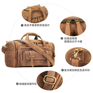 Bolsa de viaje de cuero Dujiang Crazy Horse para hombre, de gran capacidad, informal, para negocios, color marrón sólido. - Product Image 4